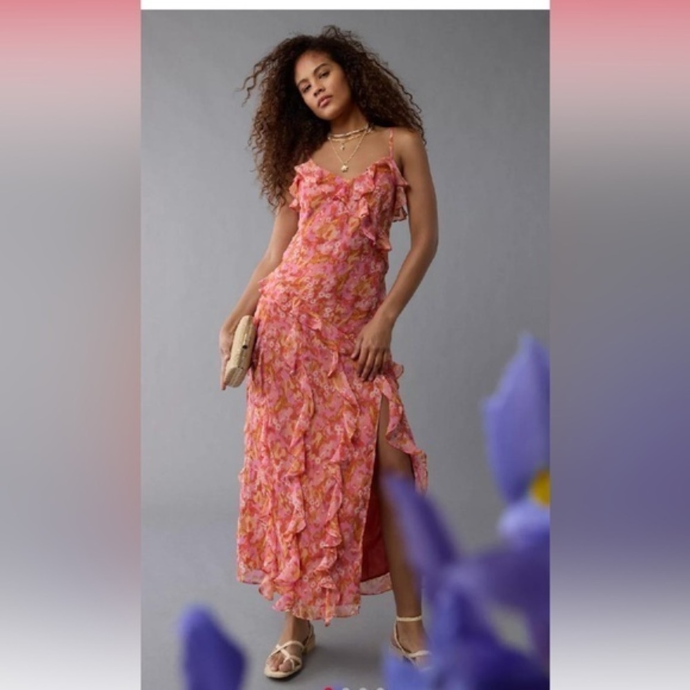 NWT AE Asymmetrical Ruffle Maxi Slip Dress